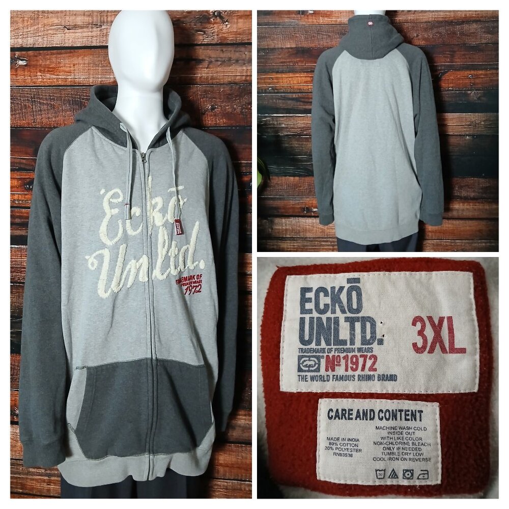Ecko Unltd Hoodie 3XL Vintage Y2K Embroidered Full Zip Hooded Sweatshirt Gray